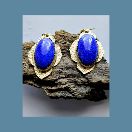 Cobalt Blue Earrings | Floral Glass | Hammered Brass | SoufiiArte
