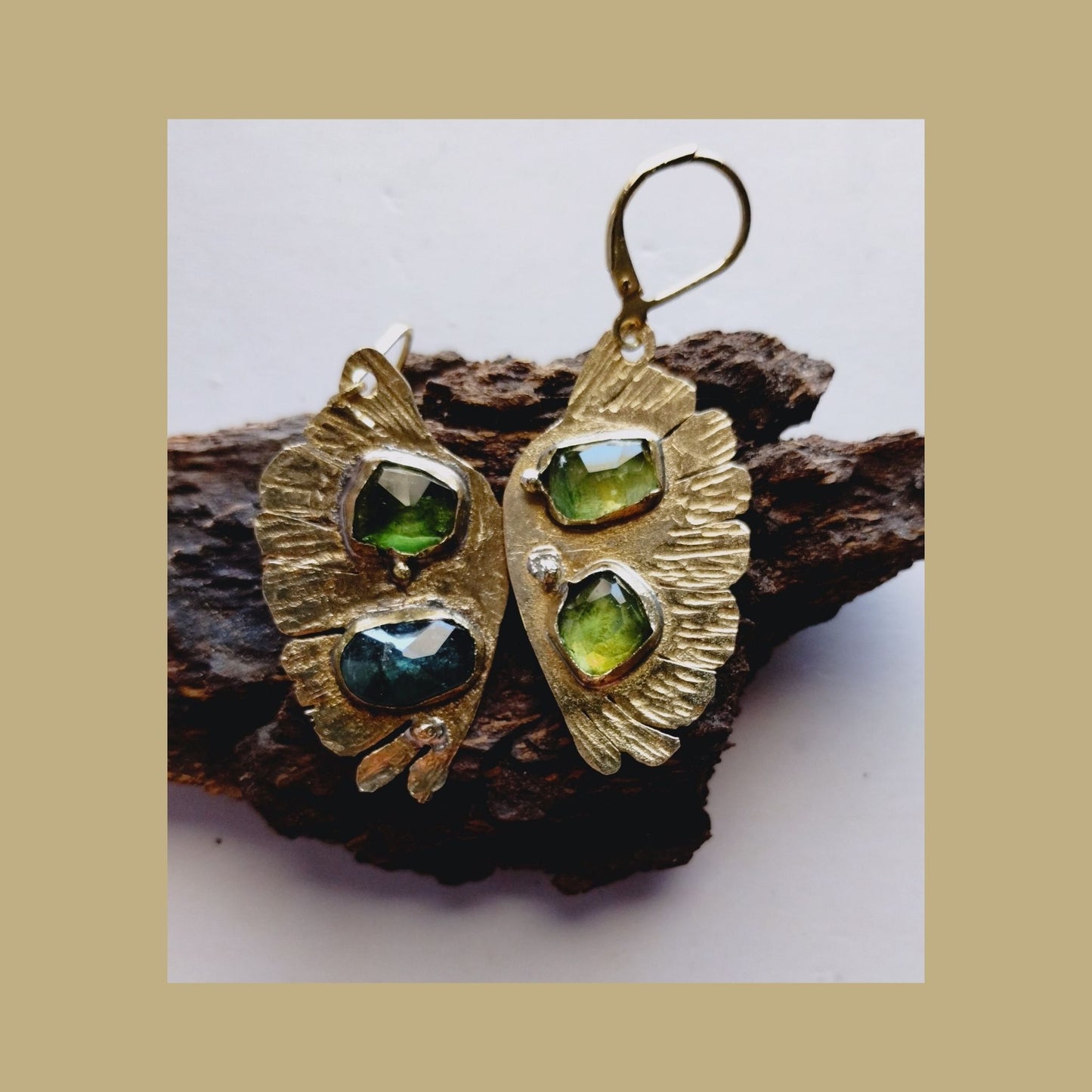 Butterfly Tourmaline Earrings | Hammered Brass | SoufiiArte