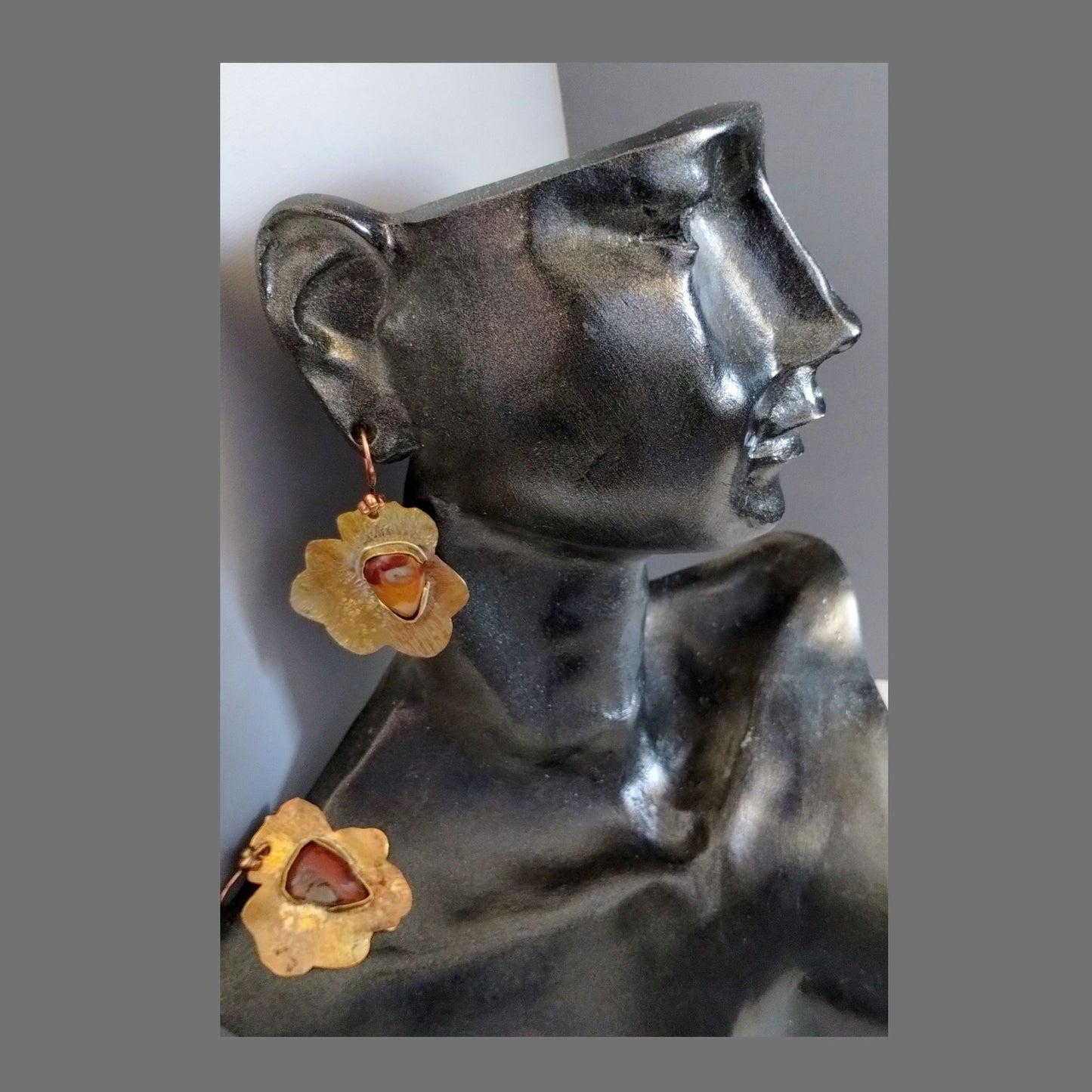 Noreena Jasper Flower Earrings | Hammered Brass | Copper Ear Wire | SoufiiArte