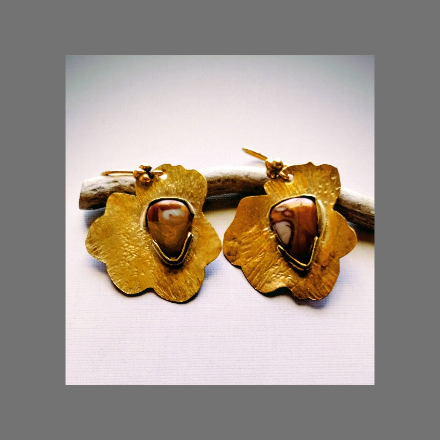 Noreena Jasper Flower Earrings | Hammered Brass | Copper Ear Wire | SoufiiArte