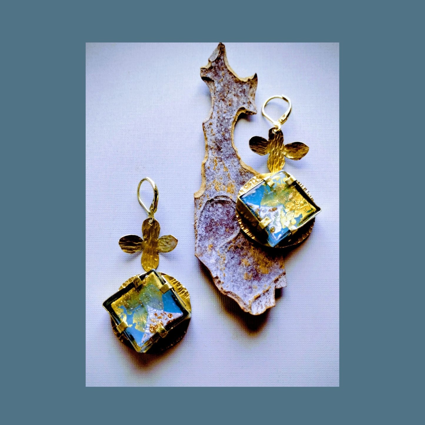 Dichroic Glass Earrings | Gold- Flecked Surface | Hammered Brass | SoufiiArte