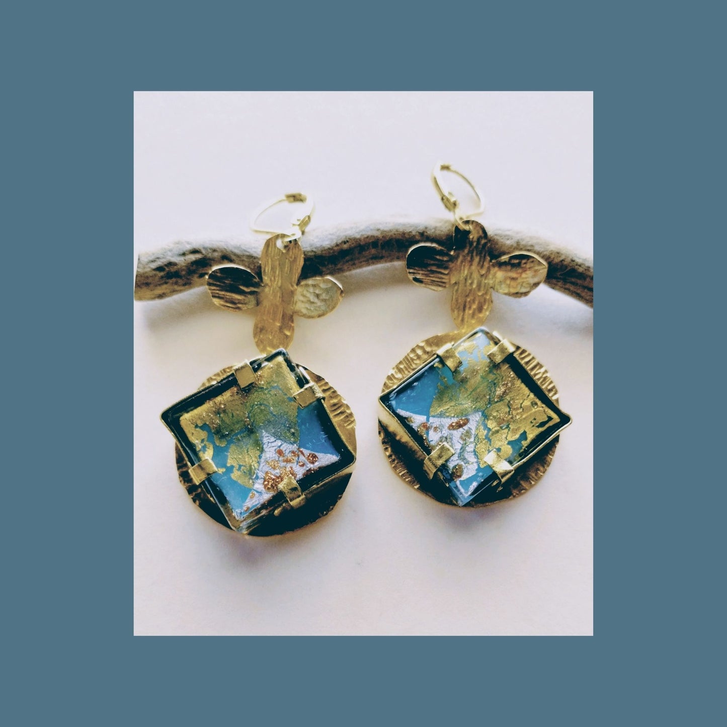 Dichroic Glass Earrings | Gold- Flecked Surface | Hammered Brass | SoufiiArte