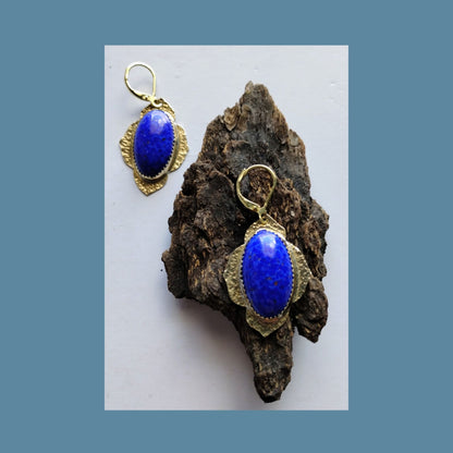 Cobalt Blue Earrings | Floral Glass | Hammered Brass | SoufiiArte