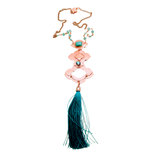 Handmade Royston turquoise and abalone shell necklace with aventurine chain and copper tassel by SOUFiiARTe