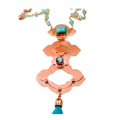 Close-up of handcrafted Royston turquoise and abalone shell pendant on aventurine bead chain with copper tassel, artisan jewelry by SOUFiiARTe