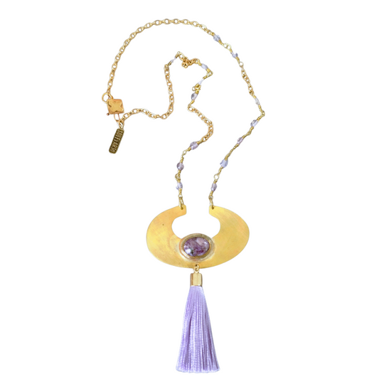 Lavender tassel necklace with Russian charoite pendant on handcrafted amethyst rosary chain, brass and copper elements by SOUFiiARTe