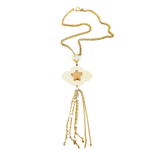 Star druzy and moonstone cabochon necklace with brass beaded tassel and quatrefoil clasp from SOUFiiARTe's Marrakesh Collection.