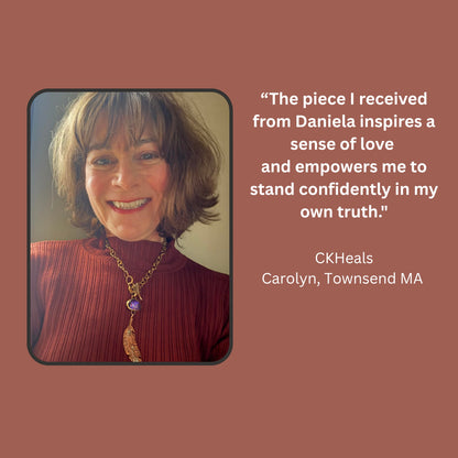 A loving testimonial from Carolyn in Massachusetts, expressing how her Feather Necklac inspires love and empowers her to stand confidently in her own truth. 