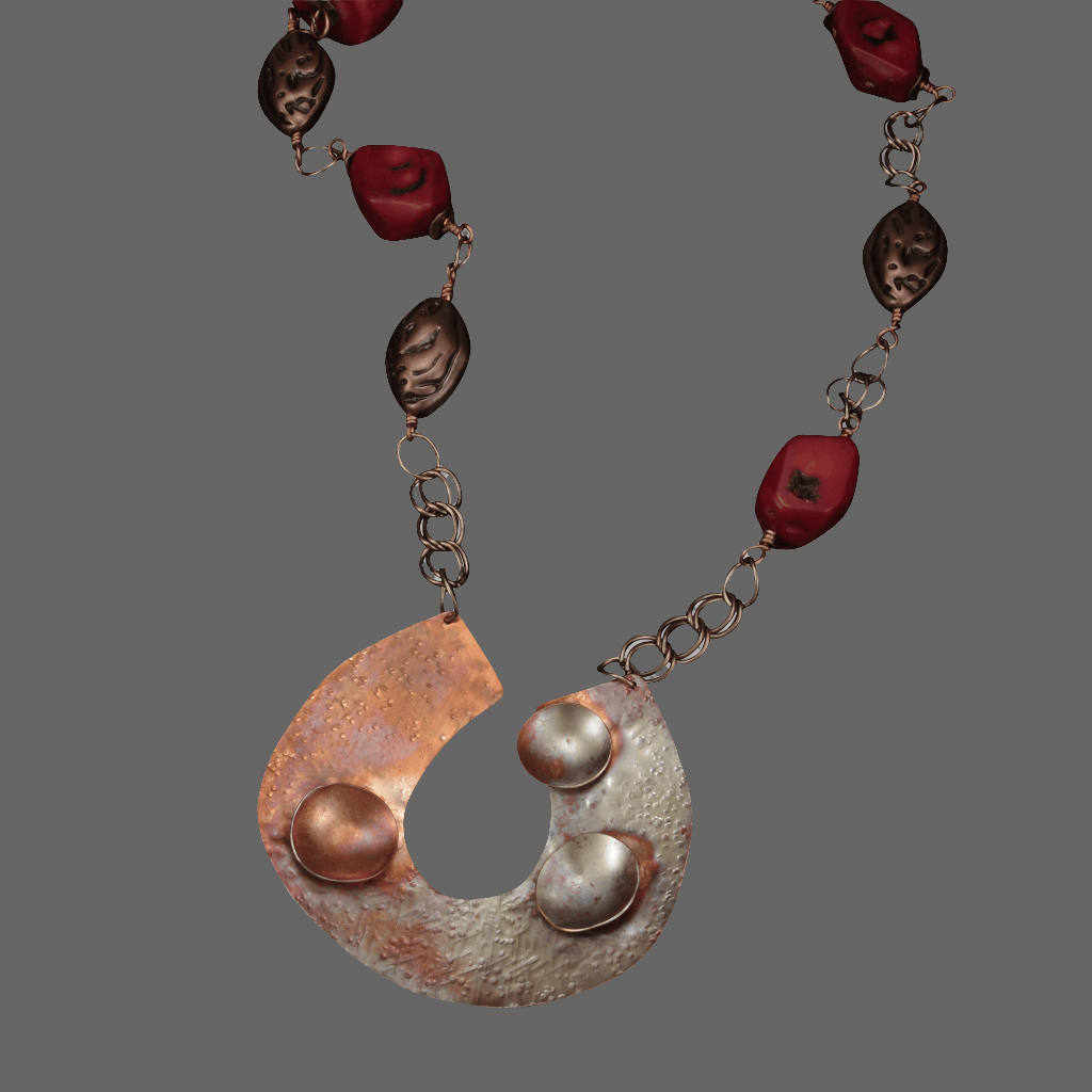 Copper necklace with three bowl forms on U-shaped metal and red coral accents, handmade by SOUFiiARTe