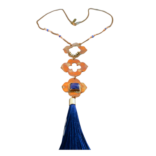 Triple medallion flame-painted copper pendant necklace with lapis lazuli cable chain and navy tassel from SOUFiiARTe.